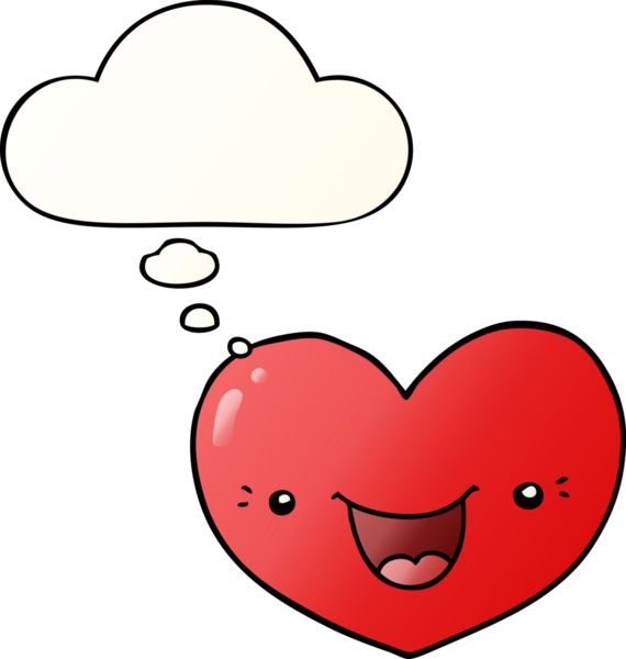 Karikatür, insan tarafından çizilmiş düşünce baloncuklu kalp karakterini sever.