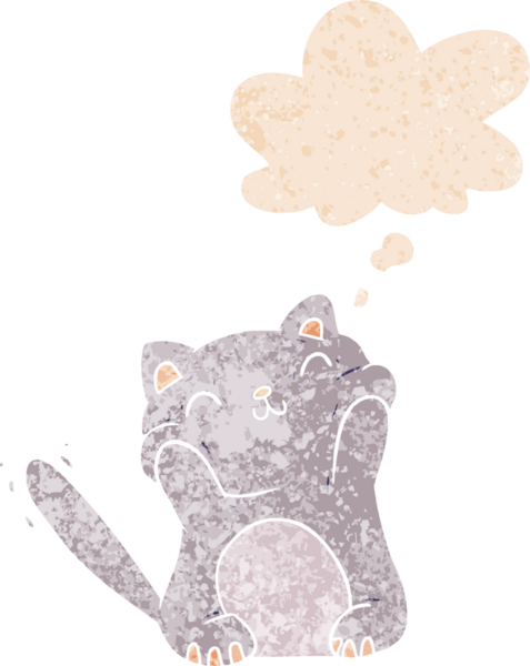 grunge 'da düşünce baloncuğu olan çizgi film kedisi bir insan tarafından çizilmiş dertli retro desenli