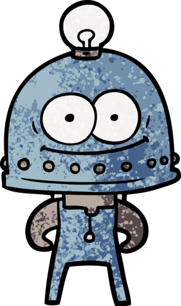 Bir insan tarafından çizilmiş ampullü mutlu karton robot.