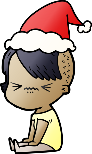 Bir insan tarafından çizilmiş Noel Baba şapkası giymiş sinirli bir hippi kızın el çizimi karikatürü.