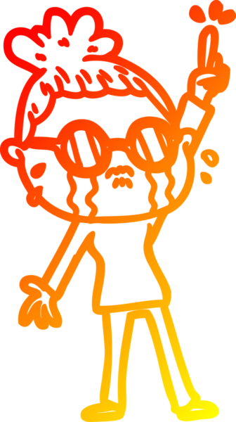 Bir insan tarafından çizilmiş gözlüklü, ağlayan bir kadının çizgi film çizimi.