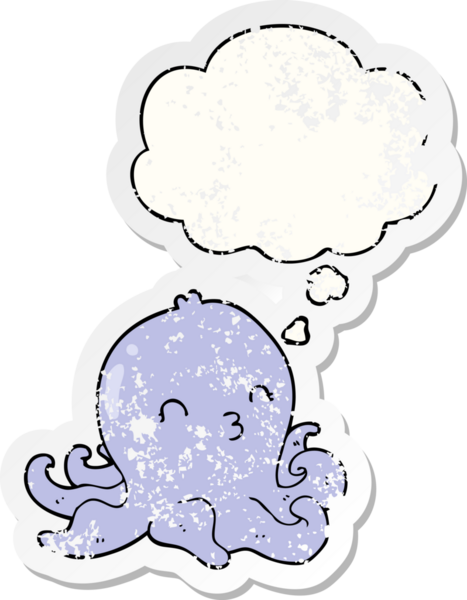 Düşünce baloncuklu çizgi film ahtapotu, insan tarafından çizilmiş yıpranmış bir çıkartma.