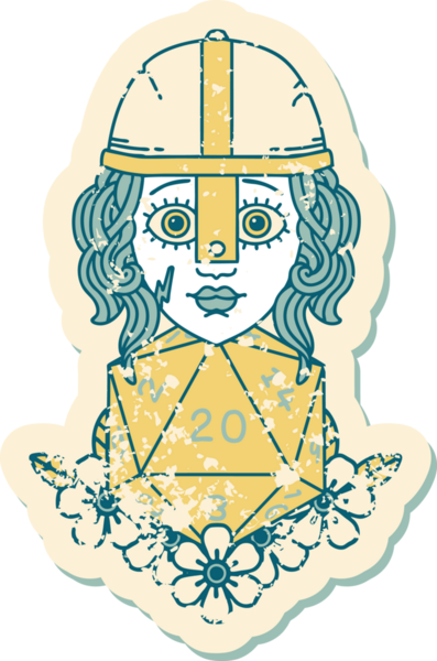 Bir insan dövüşçüsünün grunge sticker 'ı. Bir insan tarafından çizilmiş 20 D20 zarlı.