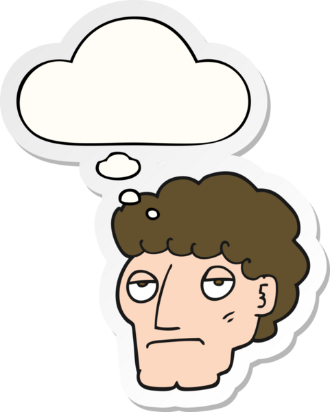 İnsan tarafından çizilmiş bir çıkartma gibi düşünce balonuyla sıkılmış karikatür.