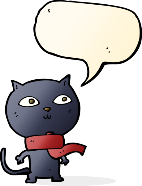 bir insan tarafından çizilmiş konuşma balonlu eşarp takan siyah bir kedi.