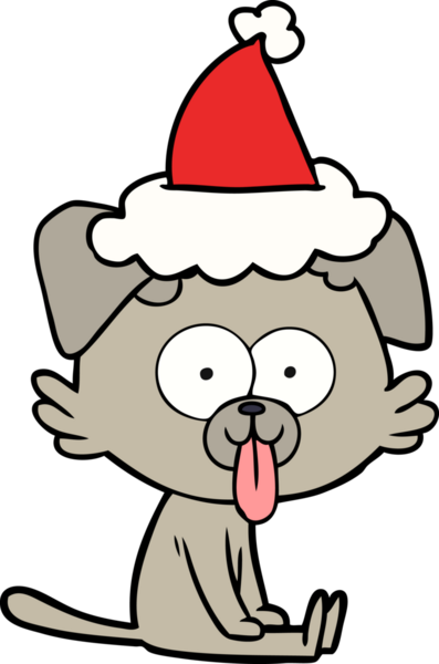 Bir insan tarafından çizilmiş Noel Baba şapkasıyla oturan bir köpeğin el çizimi.