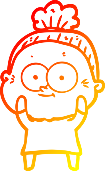 Bir insan tarafından çizilmiş mutlu, yaşlı bir kadının sıcak çizgi çizimi.