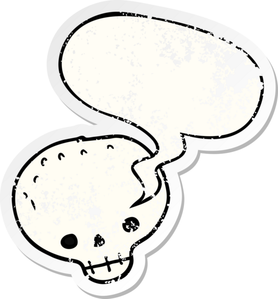 Konuşma baloncuğu olan bir kafatası, bir insan tarafından çizilmiş sıkıntılı eski bir çıkartma.