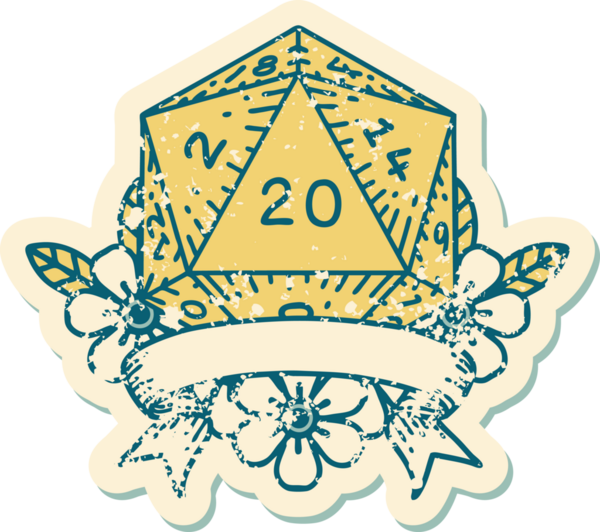 Retro Dövme Biçimi Doğal 20 kritik vuruş D20 zar bir insan tarafından çizildi