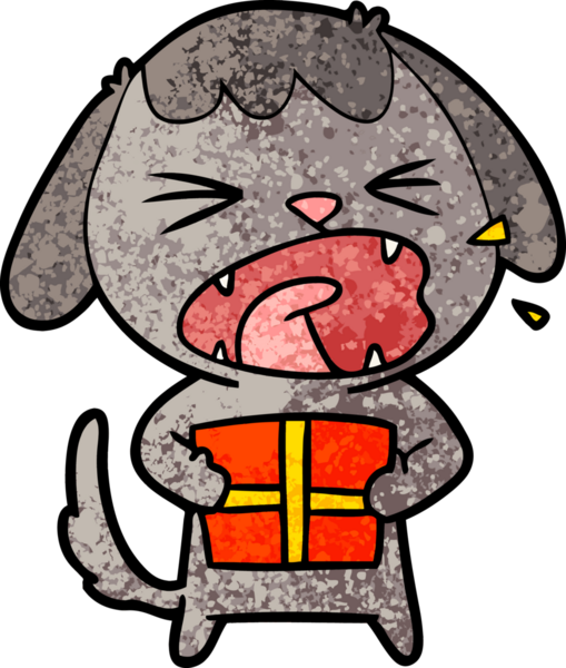 Bir insan tarafından çizilmiş Noel hediyesi olan sevimli bir çizgi film köpeği.