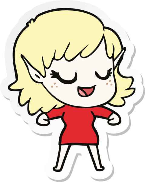 Bir insan tarafından çizilmiş mutlu bir elf kızının çıkartması.