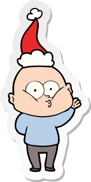 Bir insan tarafından çizilmiş Noel Baba şapkası giymiş kel bir adamın el yazısı.