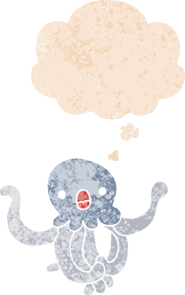 Düşünce baloncuklu çizgi film denizanası grunge sıkıntılı retro desenli bir insan tarafından çizilmiş