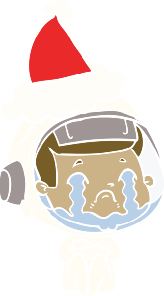 Bir insan tarafından çizilmiş Noel Baba şapkası giyen ağlayan bir astronotun el çizimi.