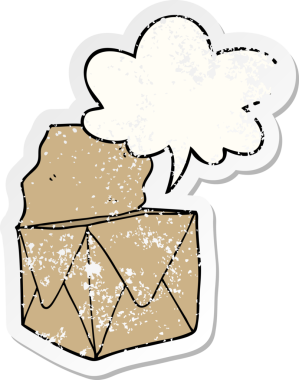 Konuşma baloncuklu karikatür paketi bir insan tarafından çizilmiş sıkıntılı eski bir çıkartma