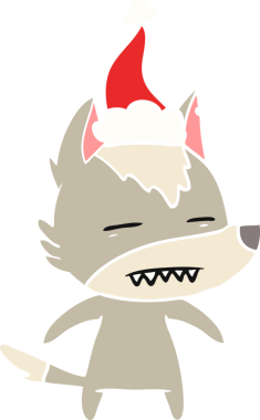 Bir insan tarafından çizilmiş Noel Baba şapkası takan bir kurdun düz renk çizimi.