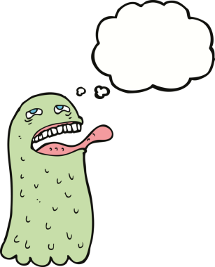 Bir insan tarafından çizilmiş düşünce balonlu komik bir hayalet.