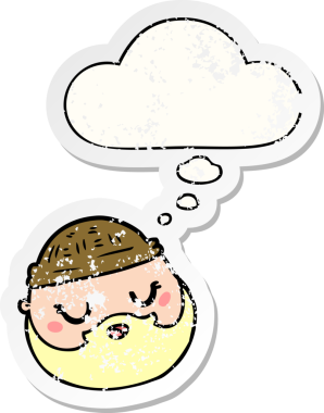 Düşünce baloncuklu sakallı karikatür erkek yüzü bir insan tarafından çizilmiş yıpranmış bir çıkartma gibi.