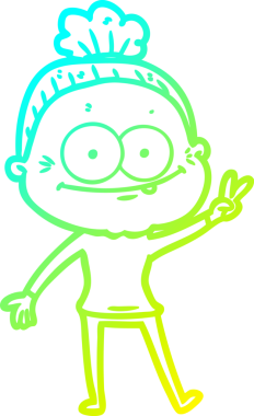 Bir insan tarafından çizilmiş, mutlu, yaşlı bir kadının çizimi.