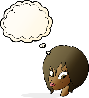 Bir insan tarafından çizilmiş düşünce baloncuğuyla somurtan güzel kadın yüzü.