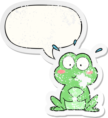 Konuşma baloncuğu olan sevimli çizgi film kurbağası bir insan tarafından çizilmiş sıkıntılı eski bir çıkartma.