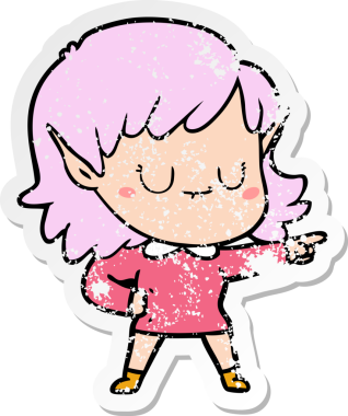 Bir insan tarafından çizilmiş mutlu bir elf kızının sıkıntılı çıkartması.