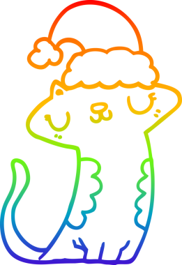 Gökkuşağı gradyan çizgisi bir insan tarafından çizilmiş Noel şapkası takan sevimli bir kedi çizimi.