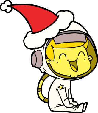 Bir insan tarafından çizilmiş Noel Baba şapkası giyen bir astronotun çizdiği mutlu el çizimi.