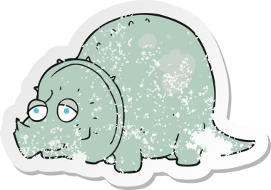 Bir insan tarafından çizilmiş bir karikatür dinozorunun gerilimli çıkartması.