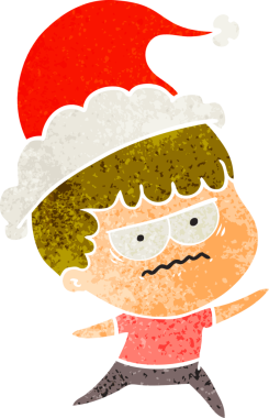 Bir insan tarafından çizilmiş Noel Baba şapkası giymiş sinirli bir adamın el çizimi karikatürü.