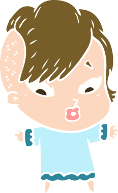 Düz renkli çizgi film bir insan tarafından çizilmiş kızı şaşırttı.