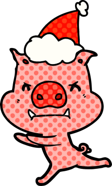 Bir insan tarafından çizilmiş Noel Baba şapkası takan bir domuzun çizdiği çizgi roman çizimi.