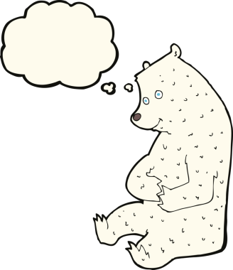 Bir insan tarafından çizilmiş düşünce baloncuklu mutlu kutup ayısı çizgi filmi.