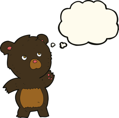 Bir insan tarafından çizilmiş düşünce baloncuklu meraklı kara ayı çizgi filmi.