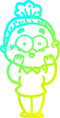 Bir insan tarafından çizilmiş, mutlu, yaşlı bir kadının çizimi.