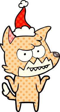 Bir insan tarafından çizilmiş Noel Baba şapkası giymiş bir tilkinin el çizimi çizgi roman tarzı çizimi.