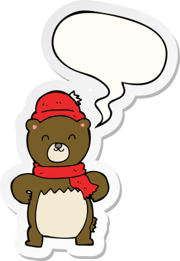 Bir insan tarafından çizilmiş baloncuk çıkartmalı şirin çizgi film ayısı.