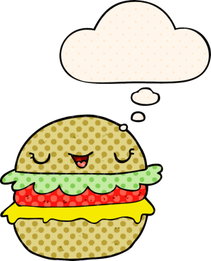 Çizgi roman tarzında düşünce baloncuklu çizgi film burgeri bir insan tarafından çizildi.