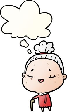 Bir insan tarafından çizilmiş yumuşak eğimli düşünce baloncuklu yaşlı kadın çizgi filmi.