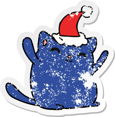 Bir insan tarafından çizilmiş kawaii kedisinin sıkıntılı yılbaşı çıkartması.