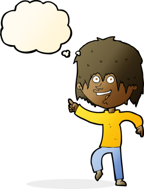 Bir insan tarafından çizilmiş düşünce balonu olan mutlu çocuk çizgi filmi.