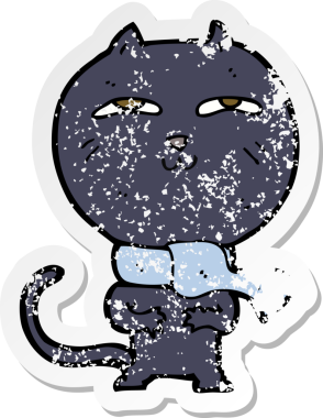 Bir insan tarafından çizilmiş eşarp takan komik bir kedinin gerilimli retro yapıştırması