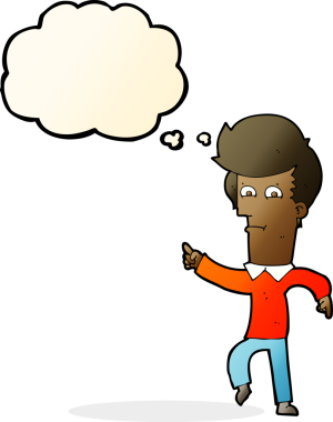 Bir insan tarafından çizilen düşünce baloncuğuyla işaret eden çizgi film adamı.