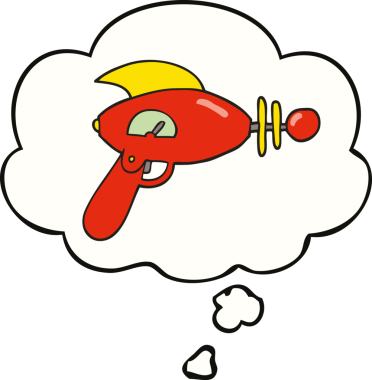 Bir insan tarafından çizilmiş düşünce baloncuklu bir ışın tabancası.