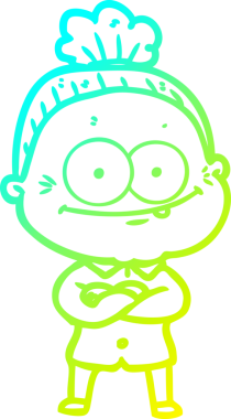 Bir insan tarafından çizilmiş, mutlu, yaşlı bir kadının çizimi.