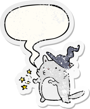 Konuşma baloncuğu olan büyüleyici çizgi film kedisi sihirbazı bir insan tarafından çizilmiş sıkıntılı eski bir çıkartma