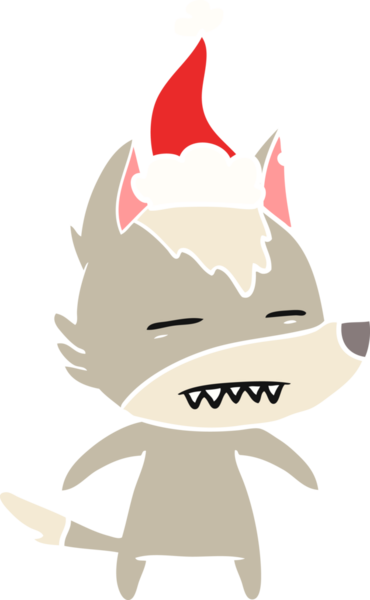 Bir insan tarafından çizilmiş Noel Baba şapkası takan bir kurdun düz renk çizimi.