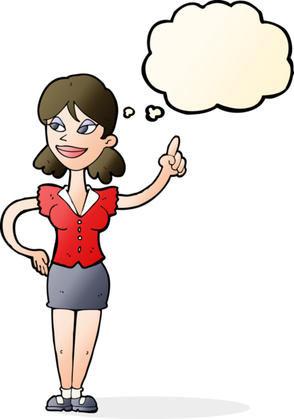 Bir insan tarafından çizilmiş düşünce baloncuğuyla harika bir fikri olan çizgi film kadını.