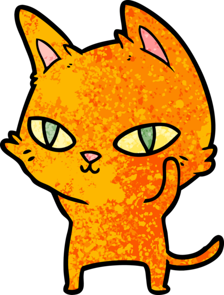 Bir insan tarafından çizilmiş parlak gözlü çizgi film kedisi.