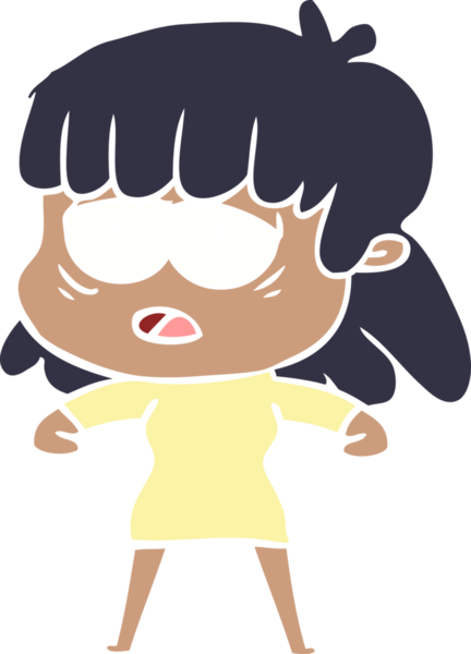 Düz renkli çizgi film. Bir insan tarafından çizilmiş yorgun kadın.